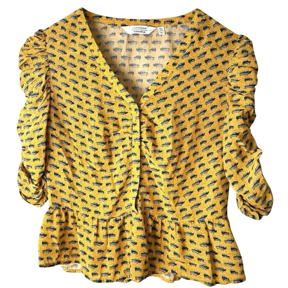 & Other Stories Yellow Blue Car Novelty Print Slight Crop and Peplum Blouse Top